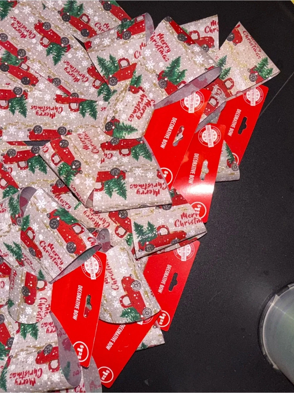 6 Red Truck Christmas Ribbon Bow with Green Trees and Gold Accents